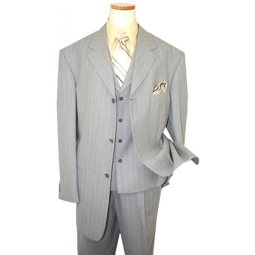 Steve Harvey Collection Light Grey/Yellow Stripes Super 100's Merino Wool Vested Suit 91440